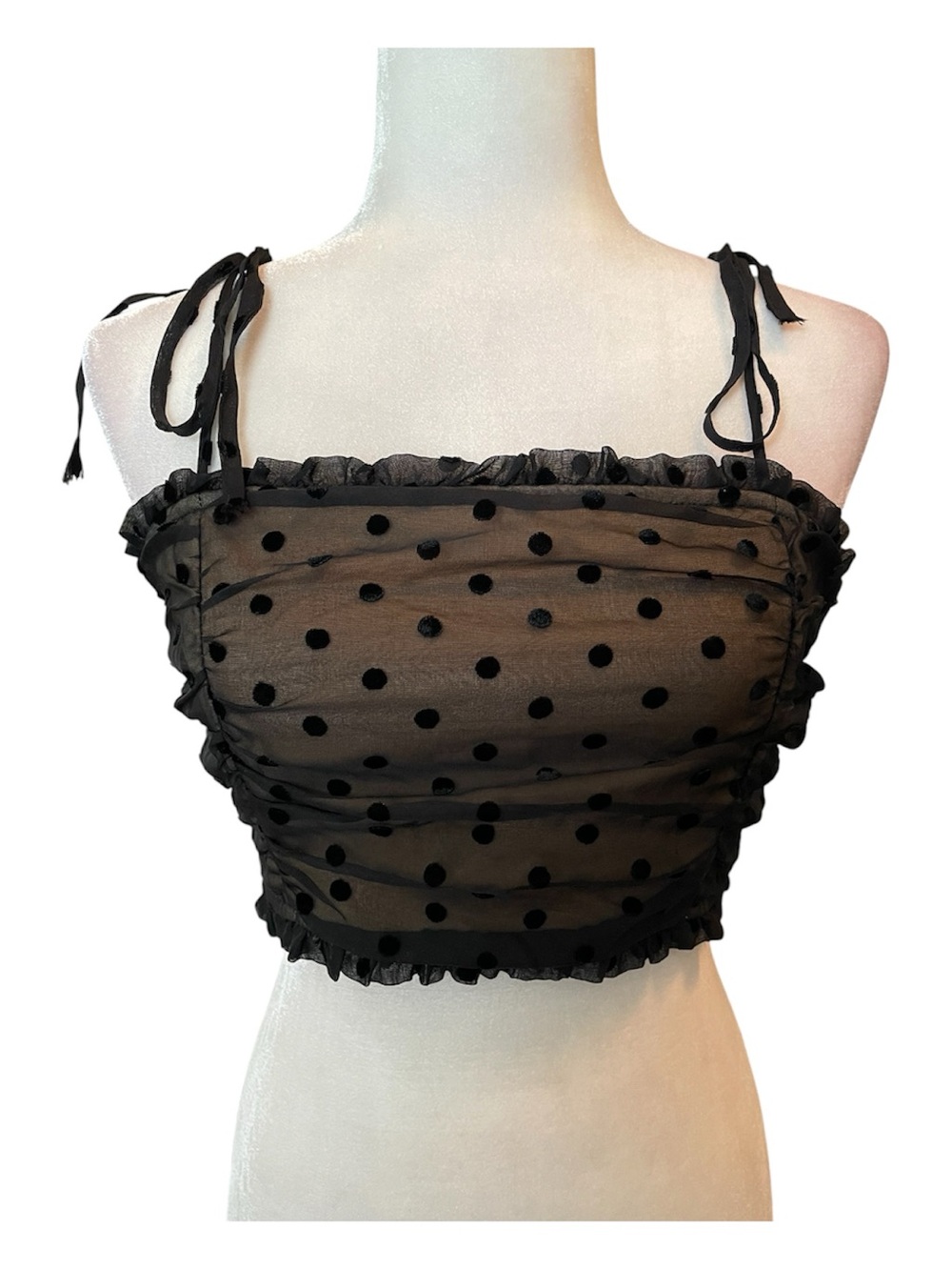 Storia Black Polka Dot Mesh Tie Shoulder Crop Top size Medium